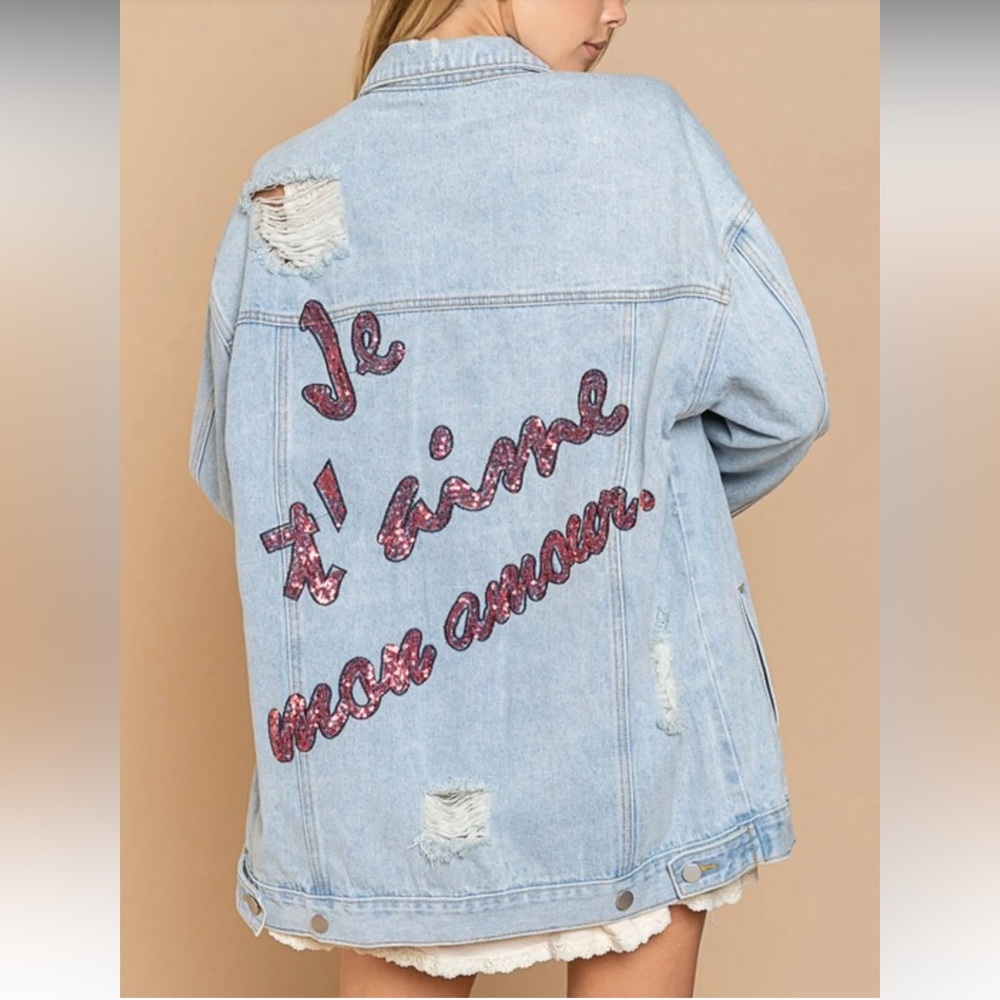 POL I Love You My Dear Sequin Patch Blue Denim Jacket size medium